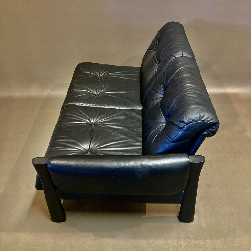 5 seater vintage black leather sofa, 1960