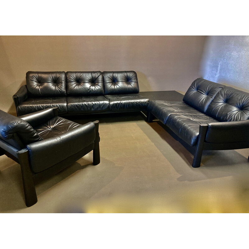 5 seater vintage black leather sofa, 1960