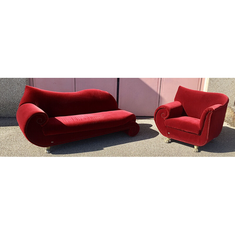 Ensemble de canapé et fauteuil vintage Bretz en velours rouge