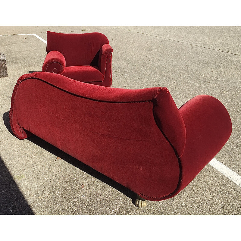 Ensemble de canapé et fauteuil vintage Bretz en velours rouge