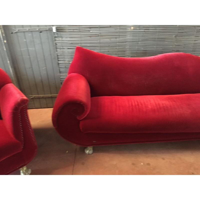 Bretz vintage sofa and armchair set in red velvet