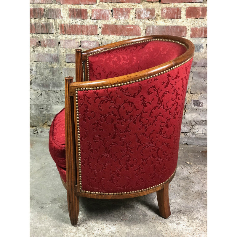 Vintage Art Deco armchair in walnut covered with dark red fabric