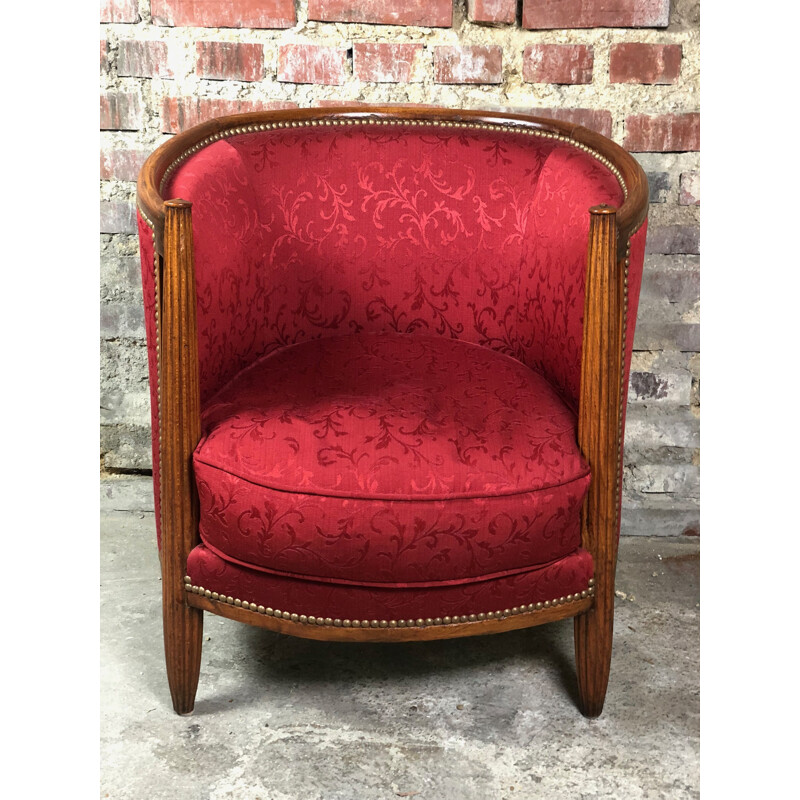 Vintage Art Deco armchair in walnut covered with dark red fabric