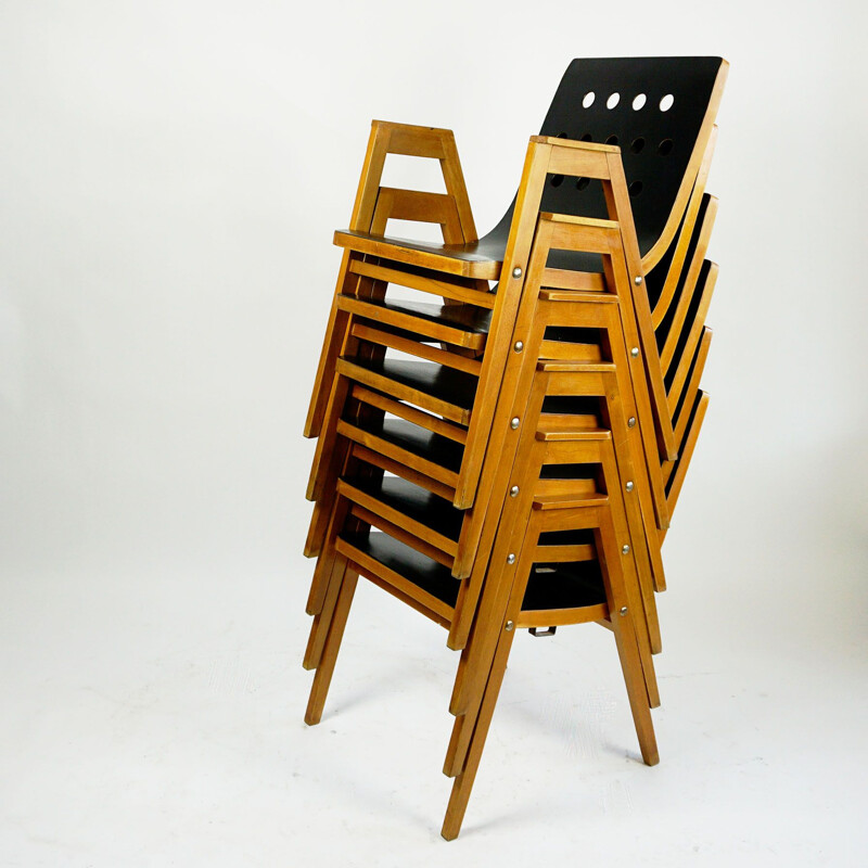 Ensemble de 6 fauteuils empilables autrichien vintage en bois de hêtre par Roland Rainer, 1950