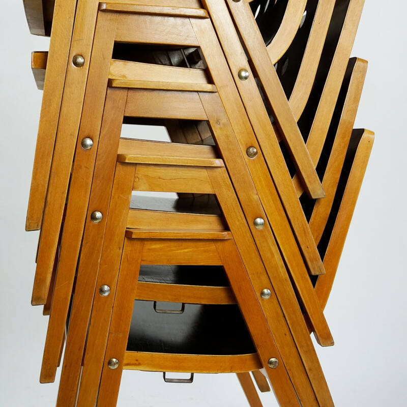 Ensemble de 6 fauteuils empilables autrichien vintage en bois de hêtre par Roland Rainer, 1950