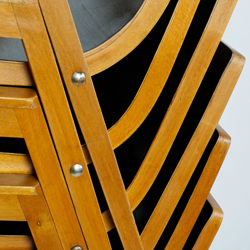 Ensemble de 6 fauteuils empilables autrichien vintage en bois de hêtre par Roland Rainer, 1950