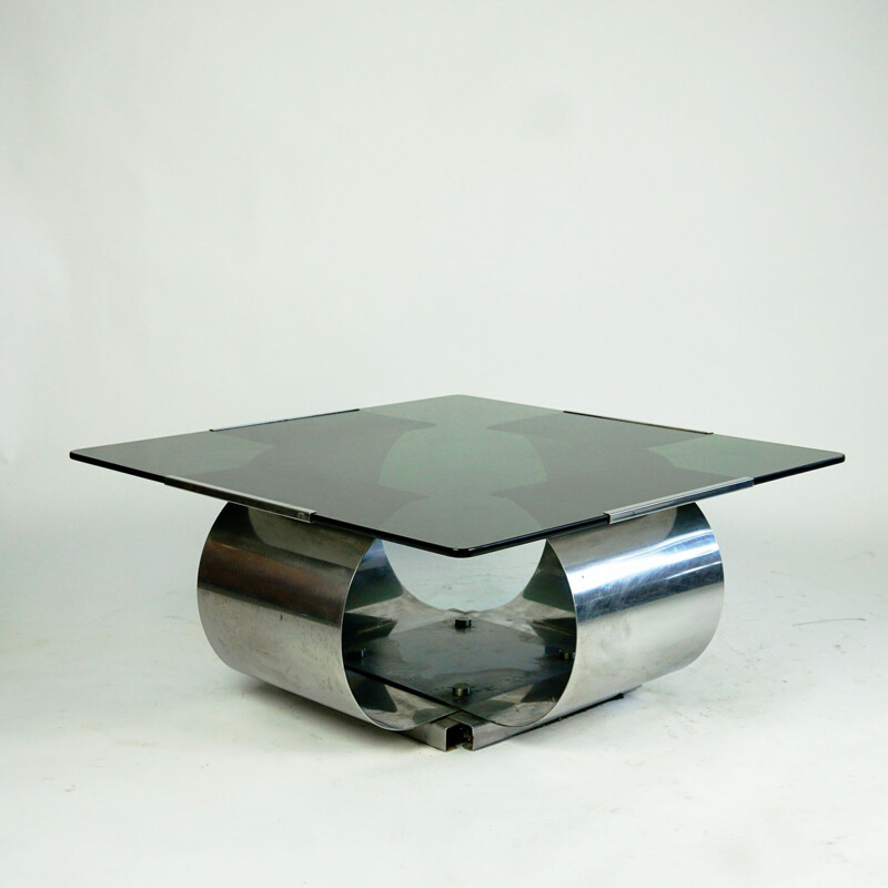 Steel and glass vintage coffee table by Francois Monnet, France 1970s