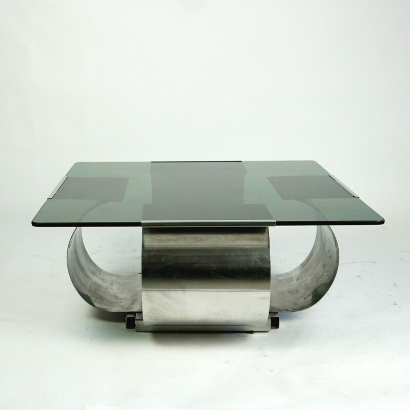 Steel and glass vintage coffee table by Francois Monnet, France 1970s