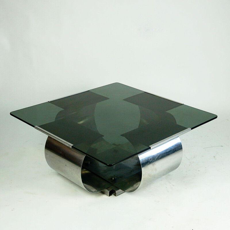 Steel and glass vintage coffee table by Francois Monnet, France 1970s