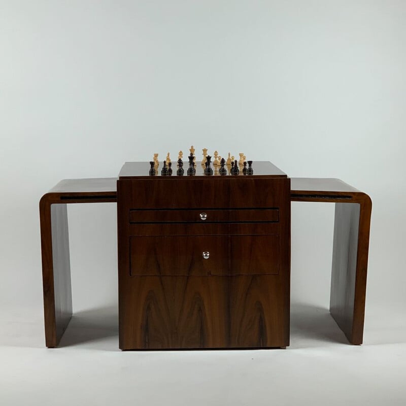 Vintage Art Deco rosewood chess table with figures and two stools, 1930