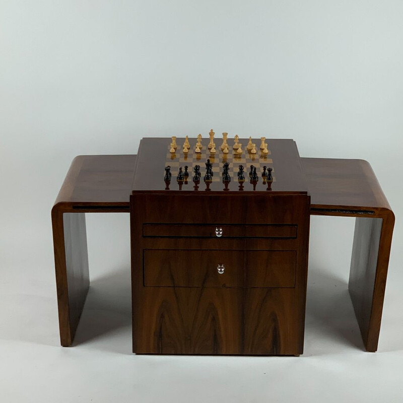 Table d'échecs Art Déco vintage en palissandre avec figurines et deux tabourets, 1930