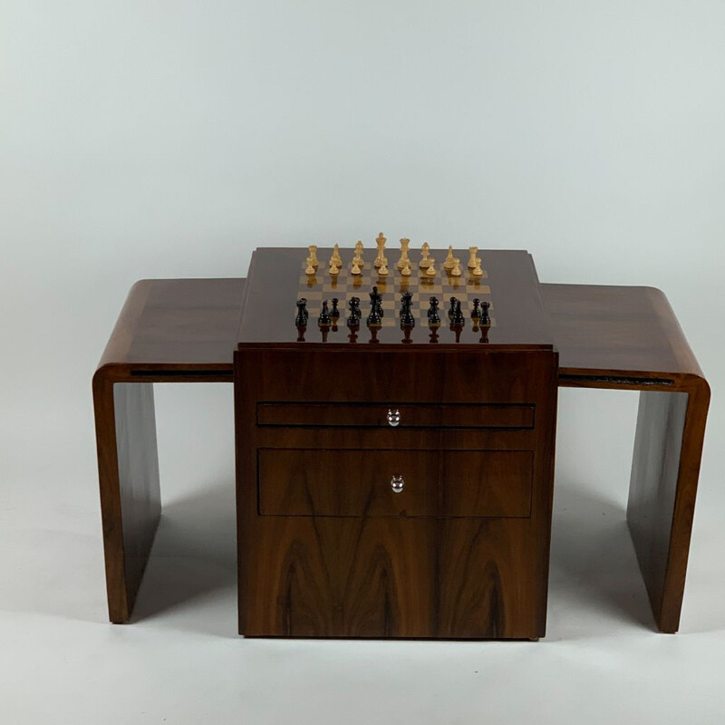 Vintage Art Deco rosewood chess table with figures and two stools, 1930