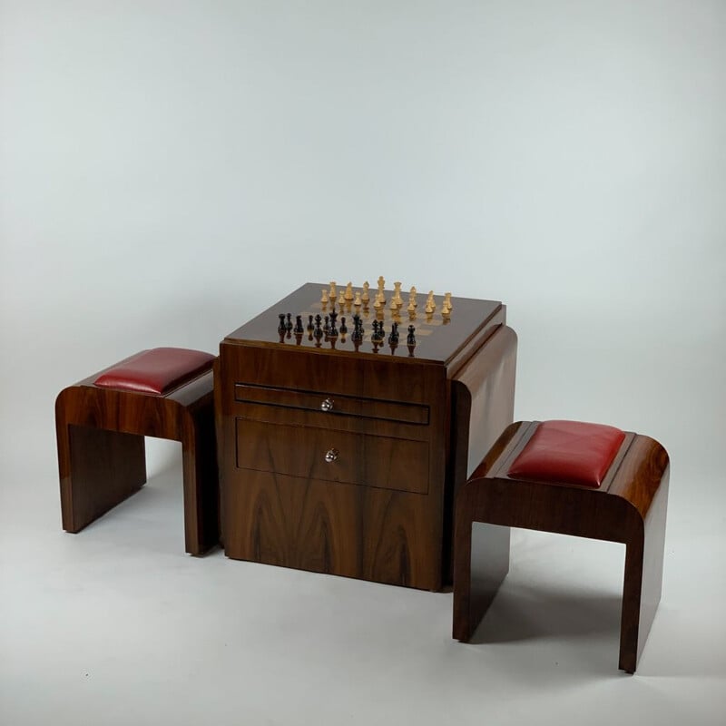 Table d'échecs Art Déco vintage en palissandre avec figurines et deux tabourets, 1930