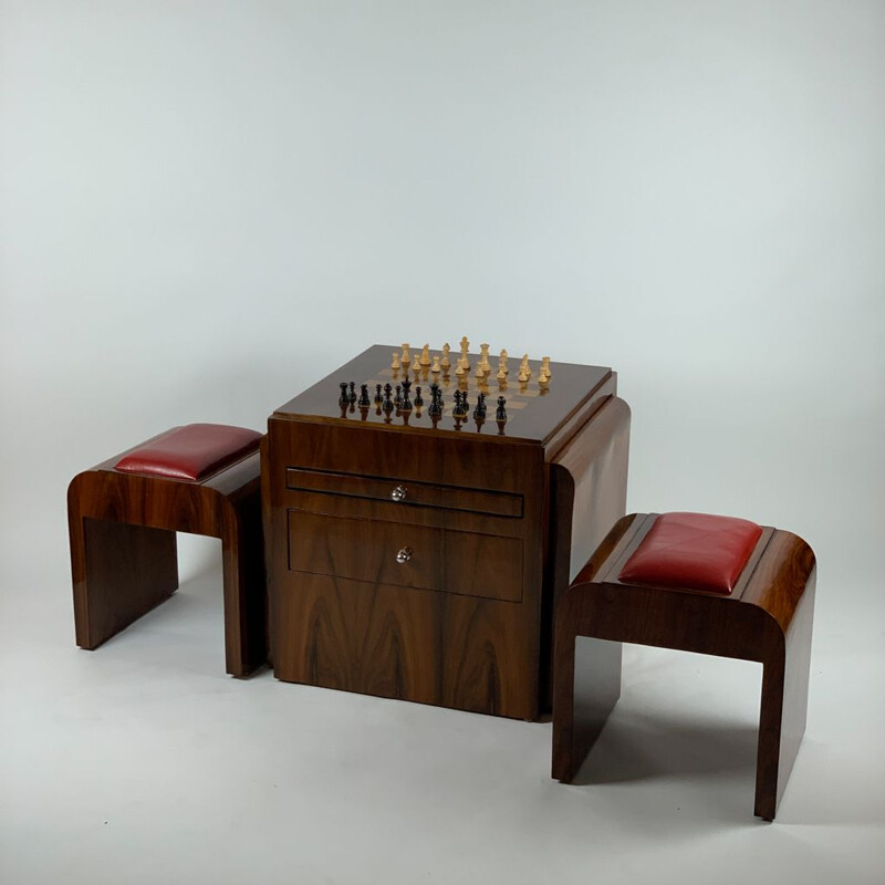 Vintage Art Deco rosewood chess table with figures and two stools, 1930