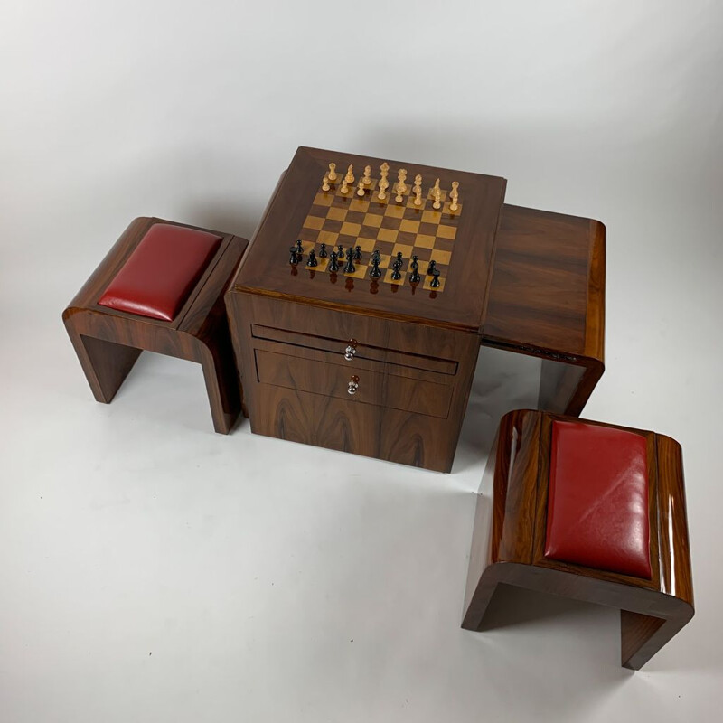 Vintage Art Deco rosewood chess table with figures and two stools, 1930