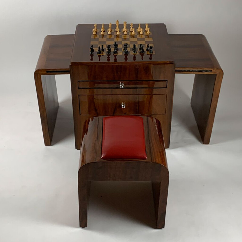 Tavolo da scacchi d'epoca in legno di palissandro Art Déco con figure e due sgabelli, 1930