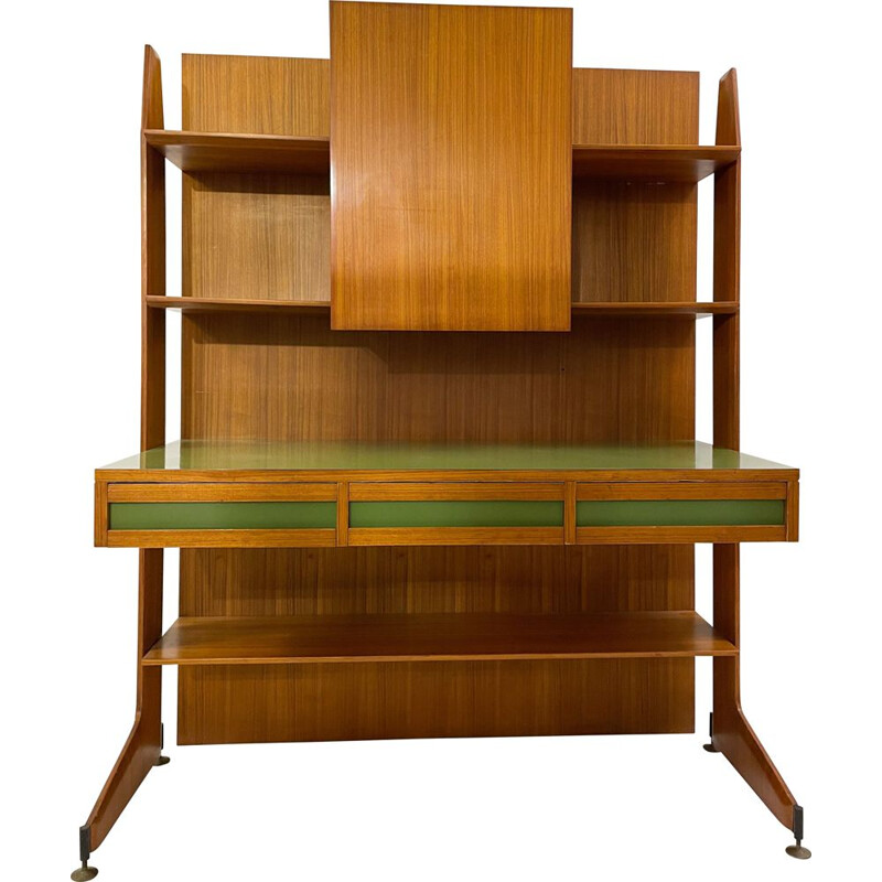 Scrivania italiana vintage in teak marrone e verde, 1950