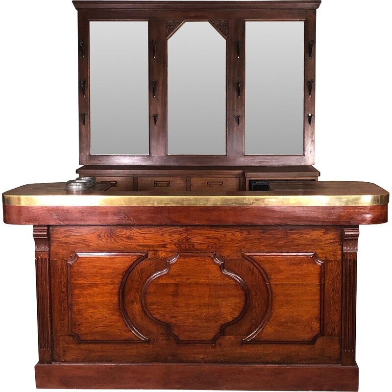 Vintage oakwood and glass bar counter, 1930