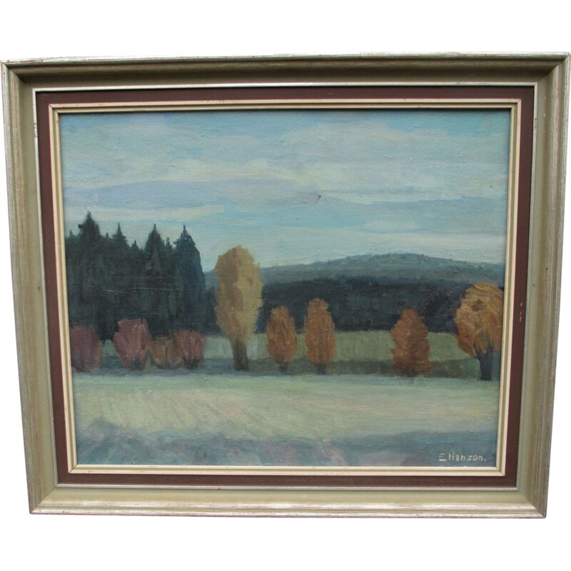 Vintage oil on canvas landscape by E. Hanson, Sweden 1960
