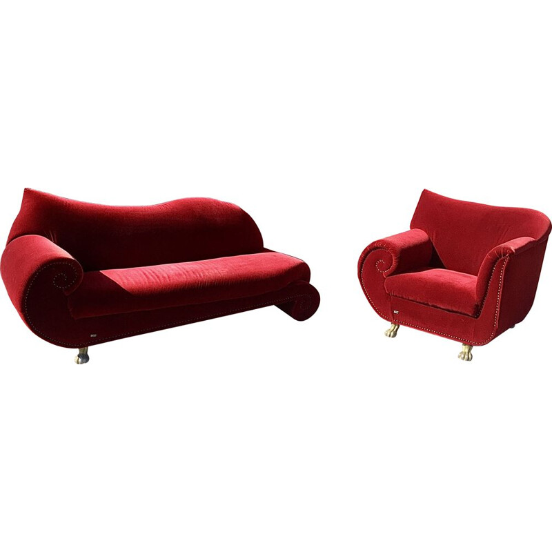 Bretz vintage sofa and armchair set in red velvet