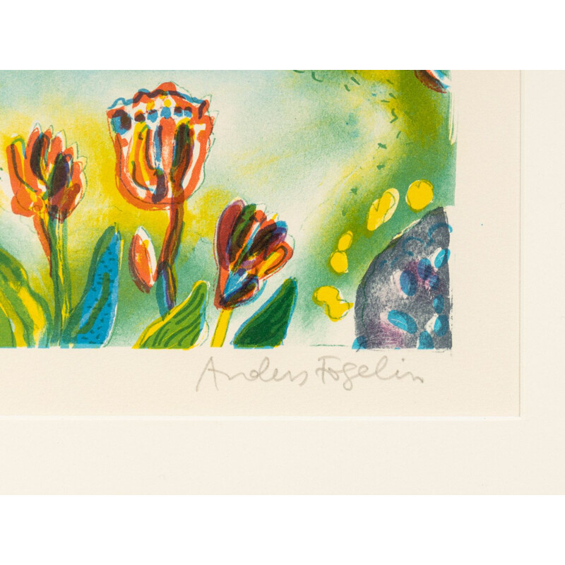 Litografia d'epoca "Estate in giardino" a colori di Anders Fogelin