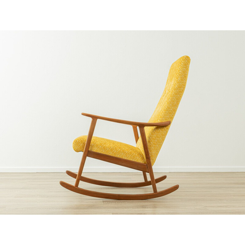 Mid century teak and yellow fabric rocking chair, Germany 1950s