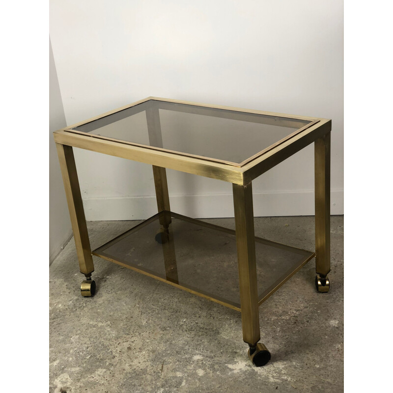 Vintage brass cart with 2 smoked glass trays, Italy 1970