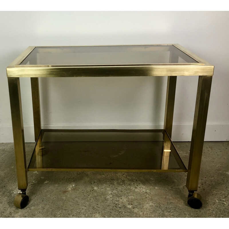 Vintage brass cart with 2 smoked glass trays, Italy 1970