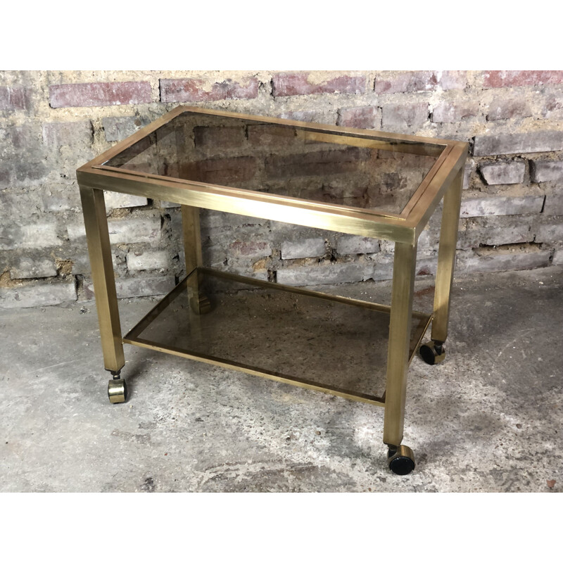 Vintage brass cart with 2 smoked glass trays, Italy 1970