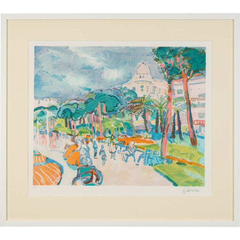 Lithographie vintage en couleur "Hafenpromenade" de Gérard VIEILLEVIE