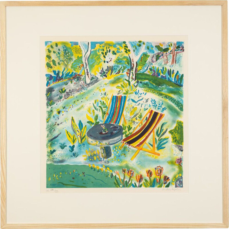 Vintage lithograph "Summer in the garden" in colors by Anders Fogelin