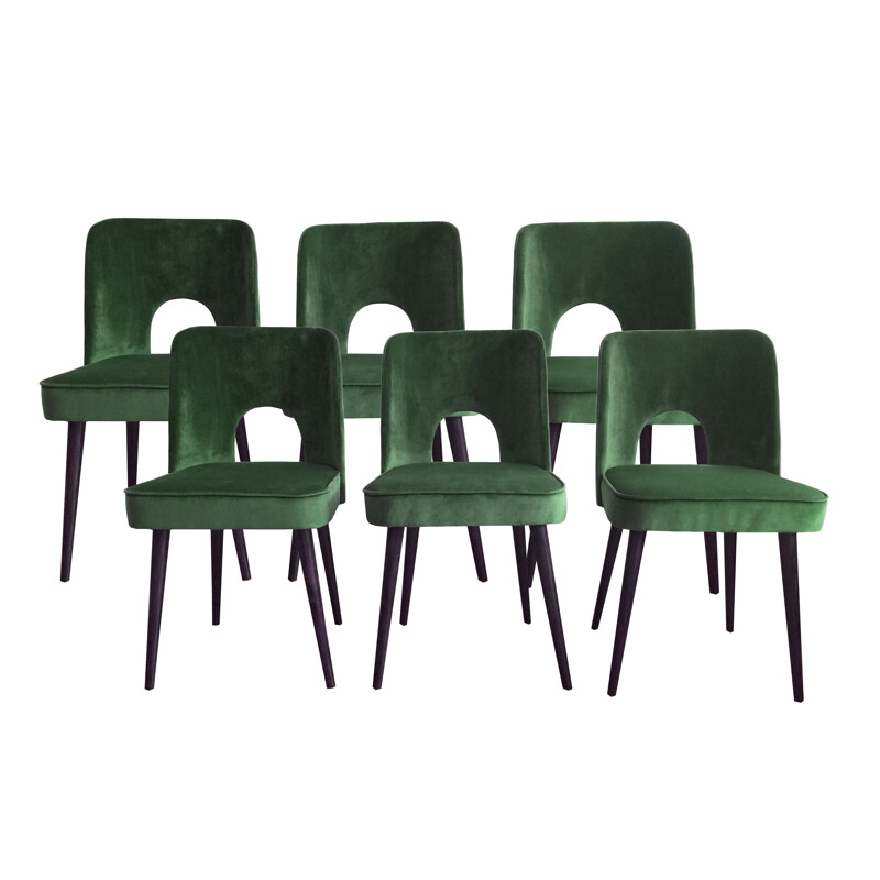 Set of 6 vintage green velvet shell dining chairs by Lesniewski for Słupskie Fabryki Mebli, Poland 1962