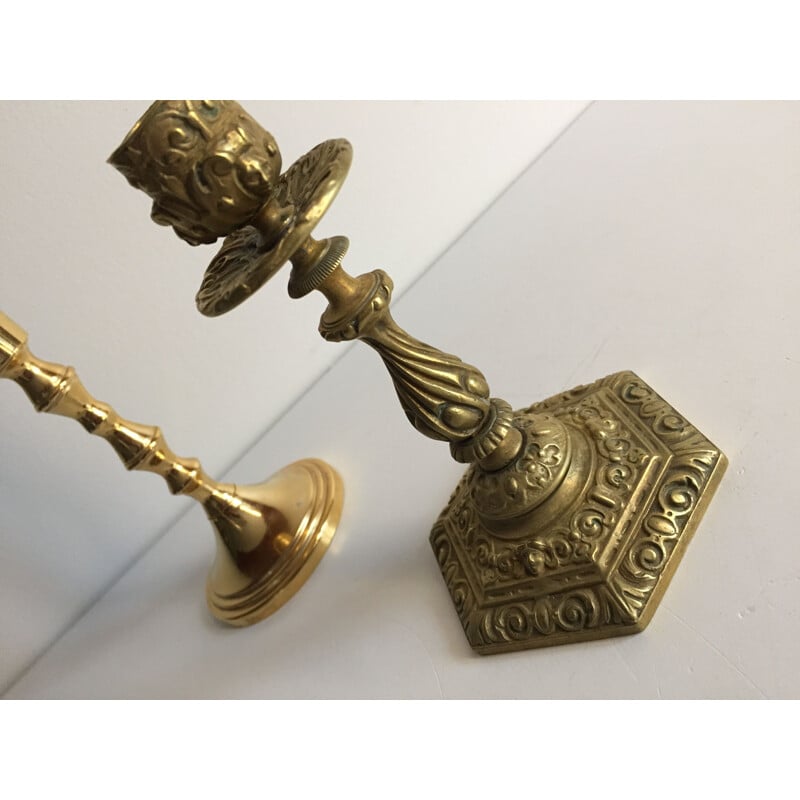 Set of 3 vintage deco candlesticks in solid brass