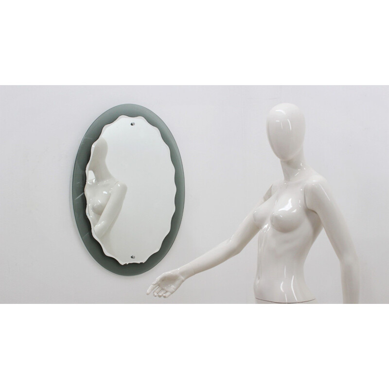 Italian vintage cut glass wave oval mirror, 1960s