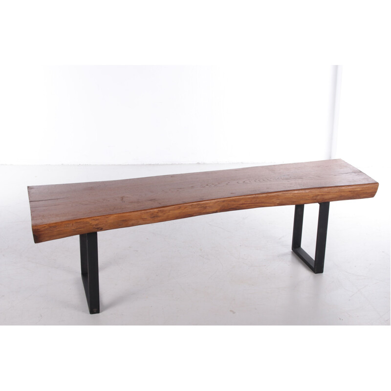 Vintage Industrial sturdy French oakwood bench, 1960s