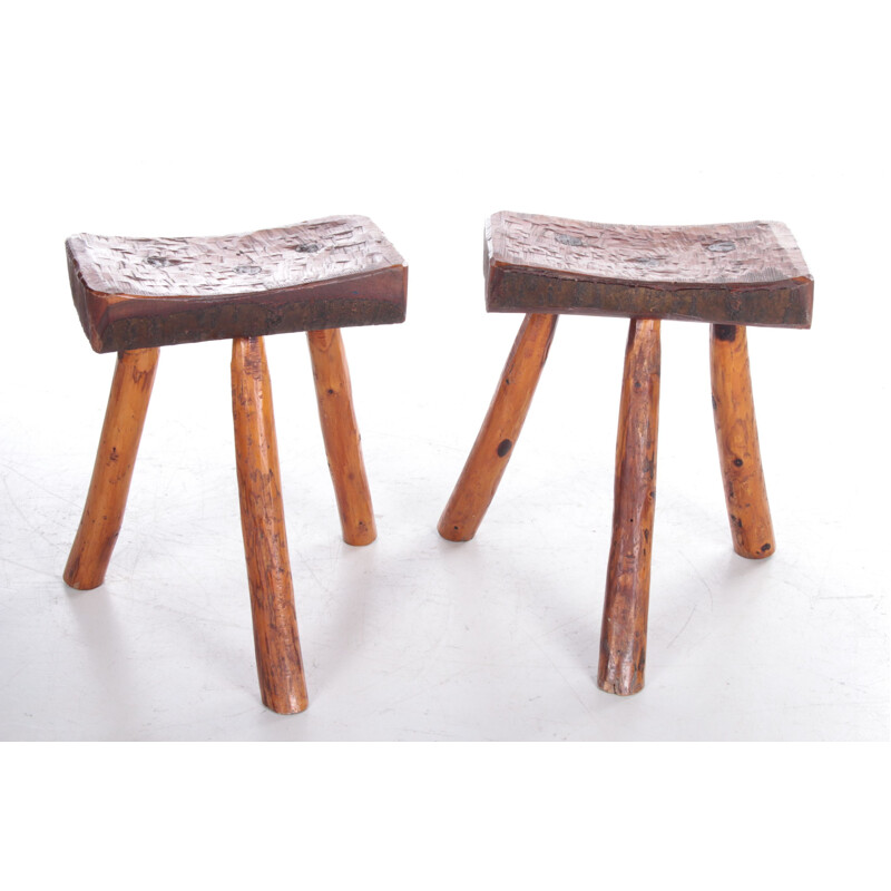 Pair of vintage French sturdy oakwood tripod stools, 1950