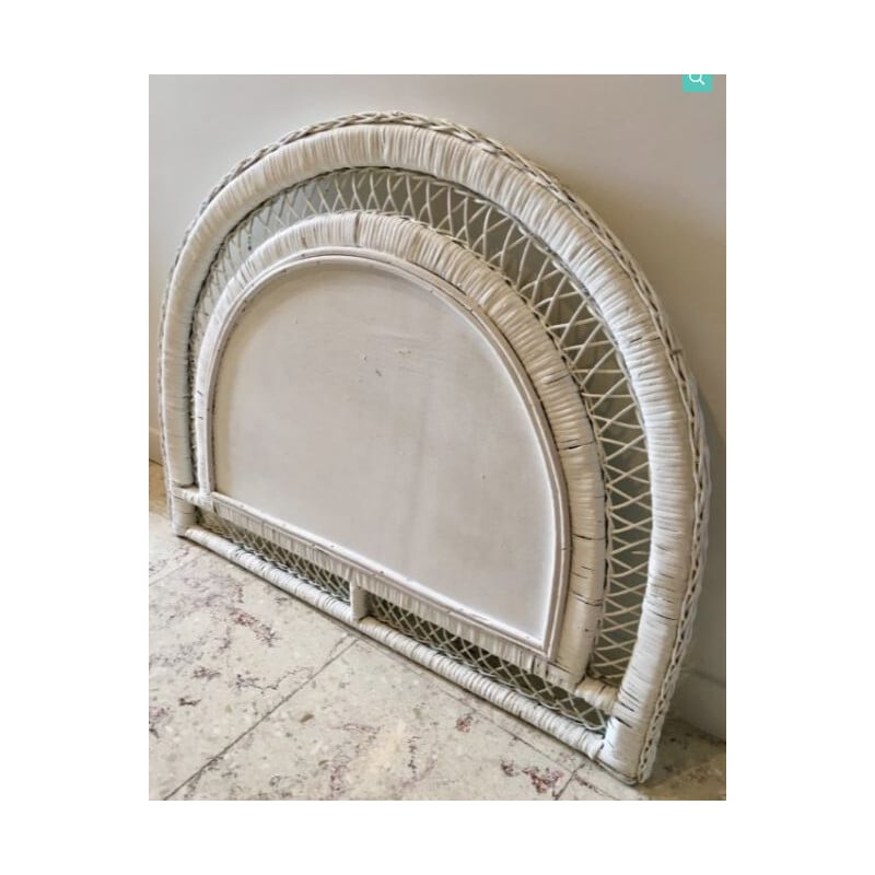 Vintage half moon mirror in white rattan
