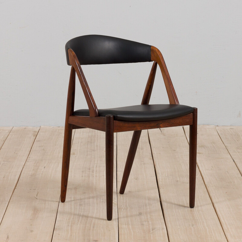 Chaise de bureau vintage en palissandre et cuir noir souple par Kai Kristiansen pour Schou Andersen, Danemark 1960