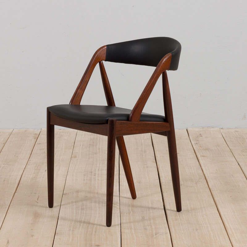 Rosewood vintage desk chair in soft black leather by Kai Kristiansen for Schou Andersen, Denmark 1960s