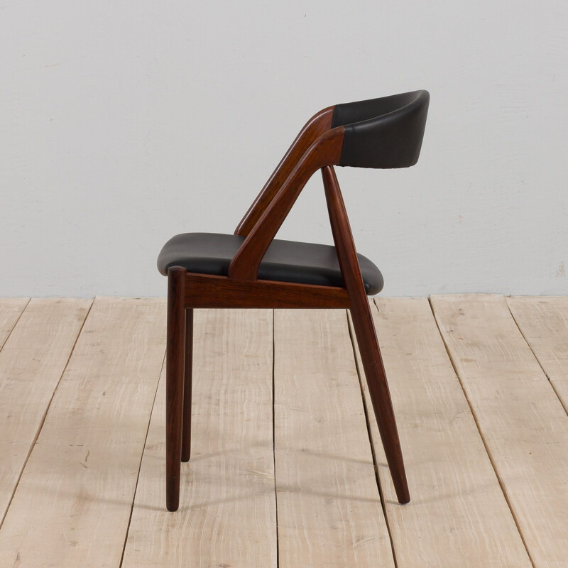 Chaise de bureau vintage en palissandre et cuir noir souple par Kai Kristiansen pour Schou Andersen, Danemark 1960
