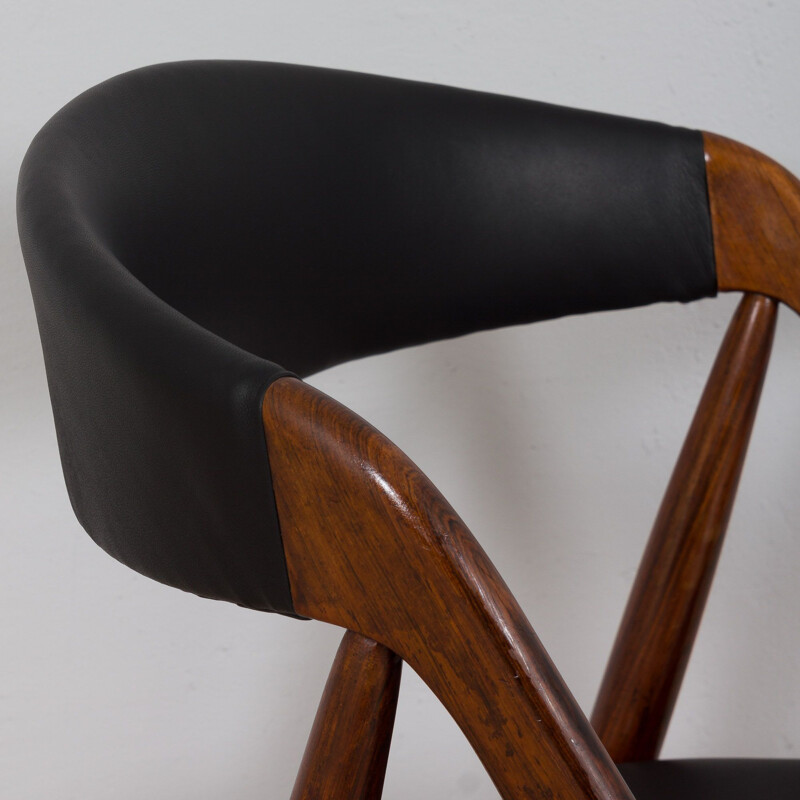 Chaise de bureau vintage en palissandre et cuir noir souple par Kai Kristiansen pour Schou Andersen, Danemark 1960