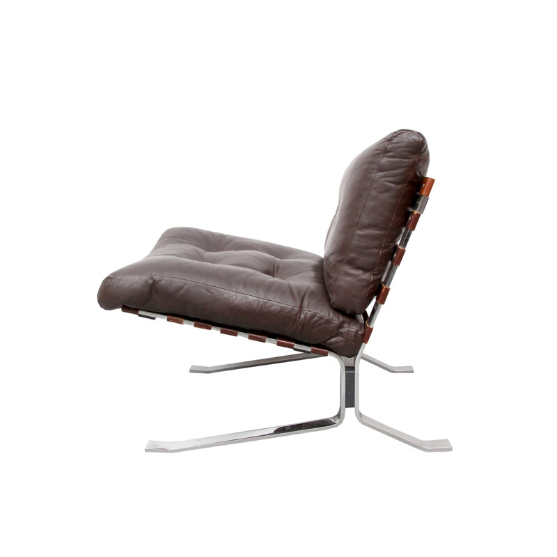 Lounge chair in leather and chromed steel - 1970s