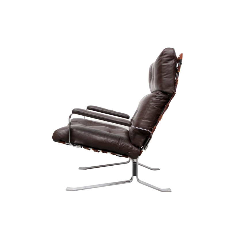 Bruine lederen fauteuil met hoge rug - 1970