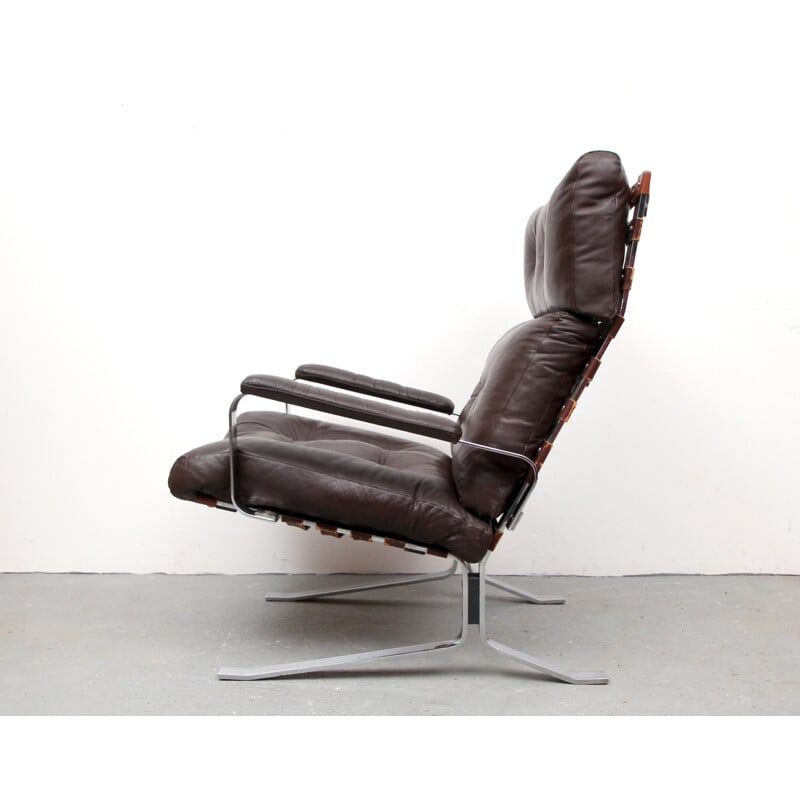 Bruine lederen fauteuil met hoge rug - 1970