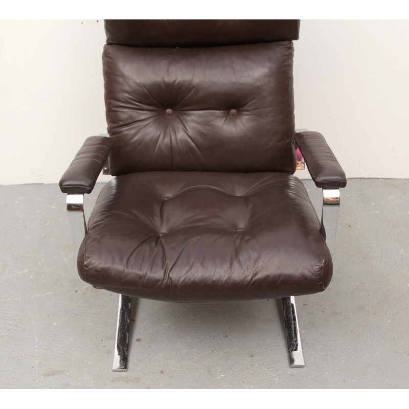 Bruine lederen fauteuil met hoge rug - 1970