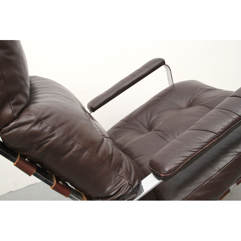 Sessel mit hoher Rückenlehne aus braunem Leder - 1970