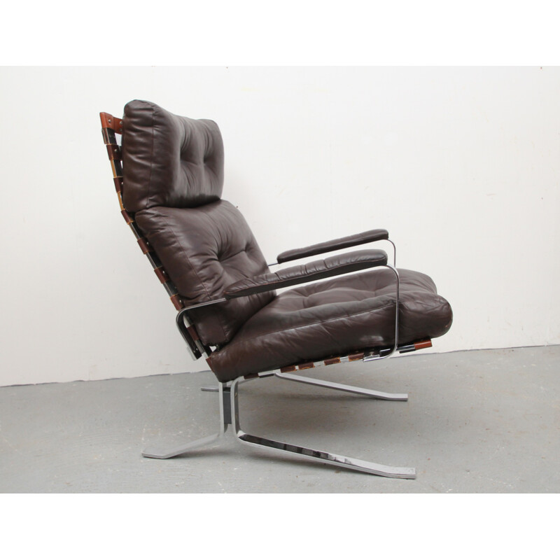 Bruine lederen fauteuil met hoge rug - 1970