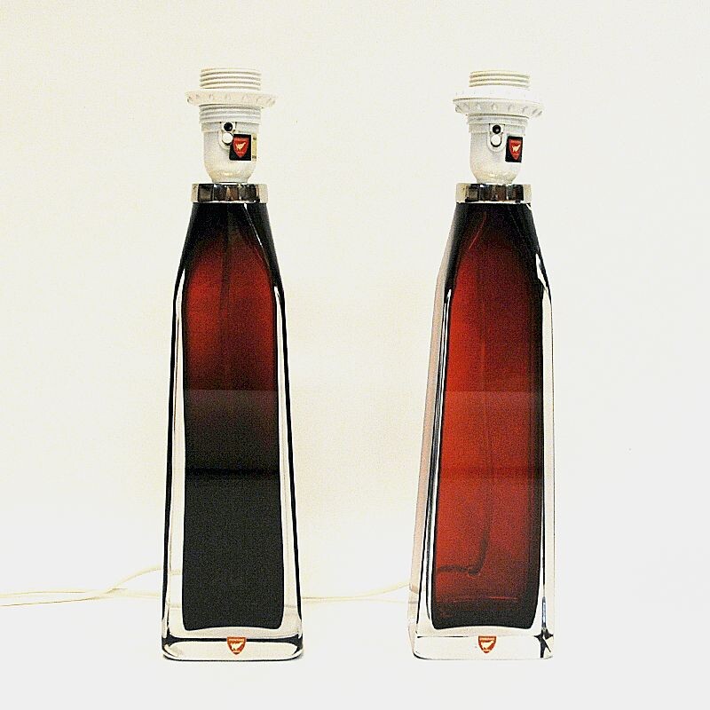 Pair of vintage red glass table lamps by Carl Fagerlund for Orrefors, Sweden 1960