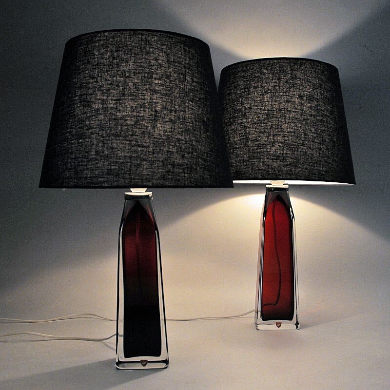Paire de lampes de table vintage en verre rouge par Carl Fagerlund pour Orrefors, Suède 1960