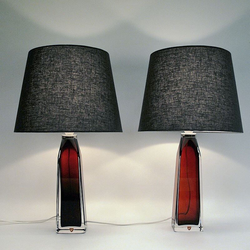 Pair of vintage red glass table lamps by Carl Fagerlund for Orrefors, Sweden 1960